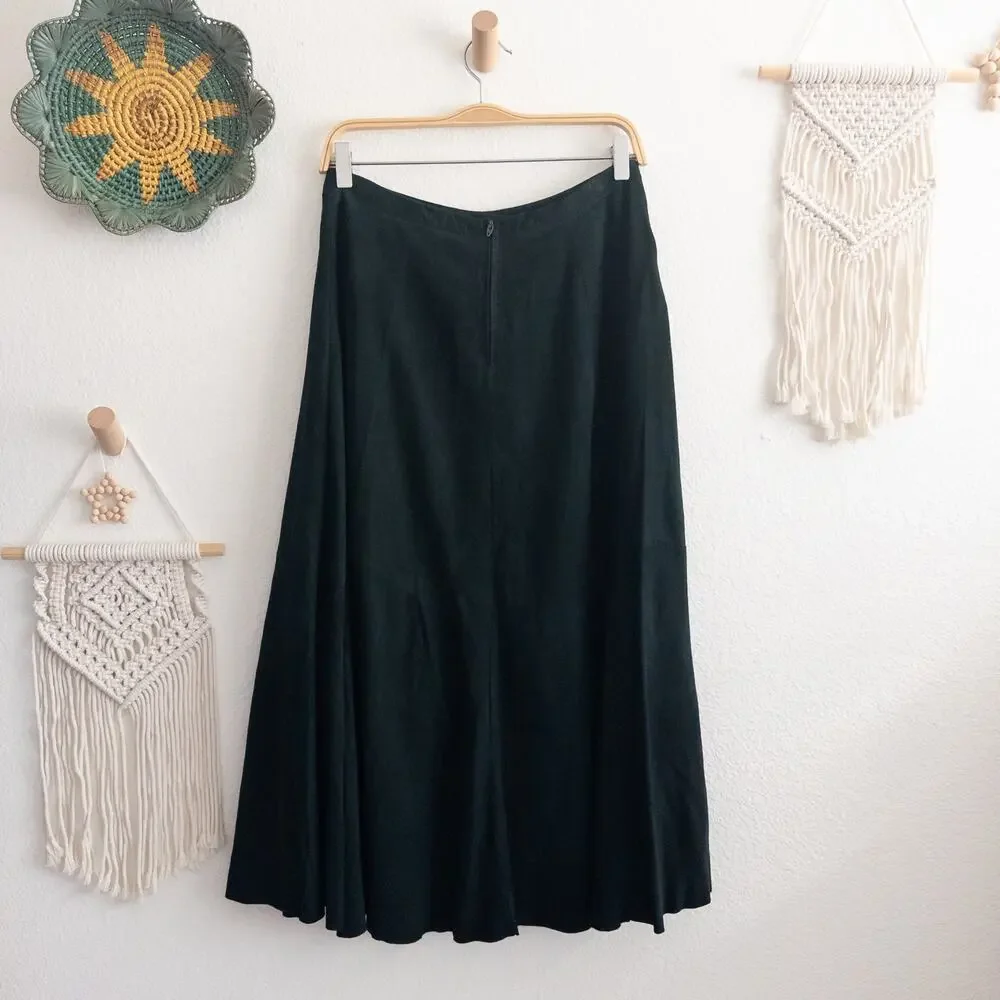 Maglia Vintage Size 12 Green Suede Leather Midi Skirt USA